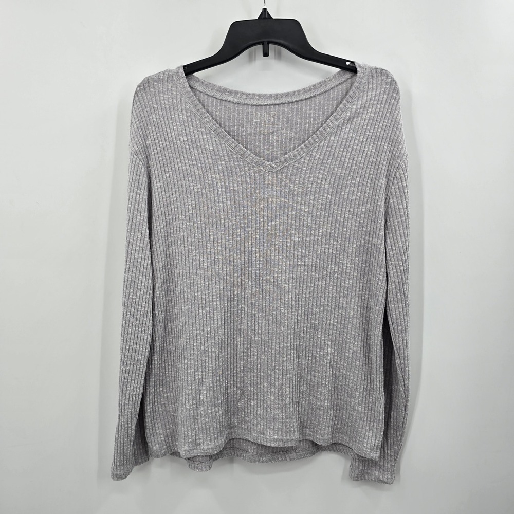 24/7 Comfort Apparel Womens Gray Ribbed V-Neck Long Sleeve Top Size M